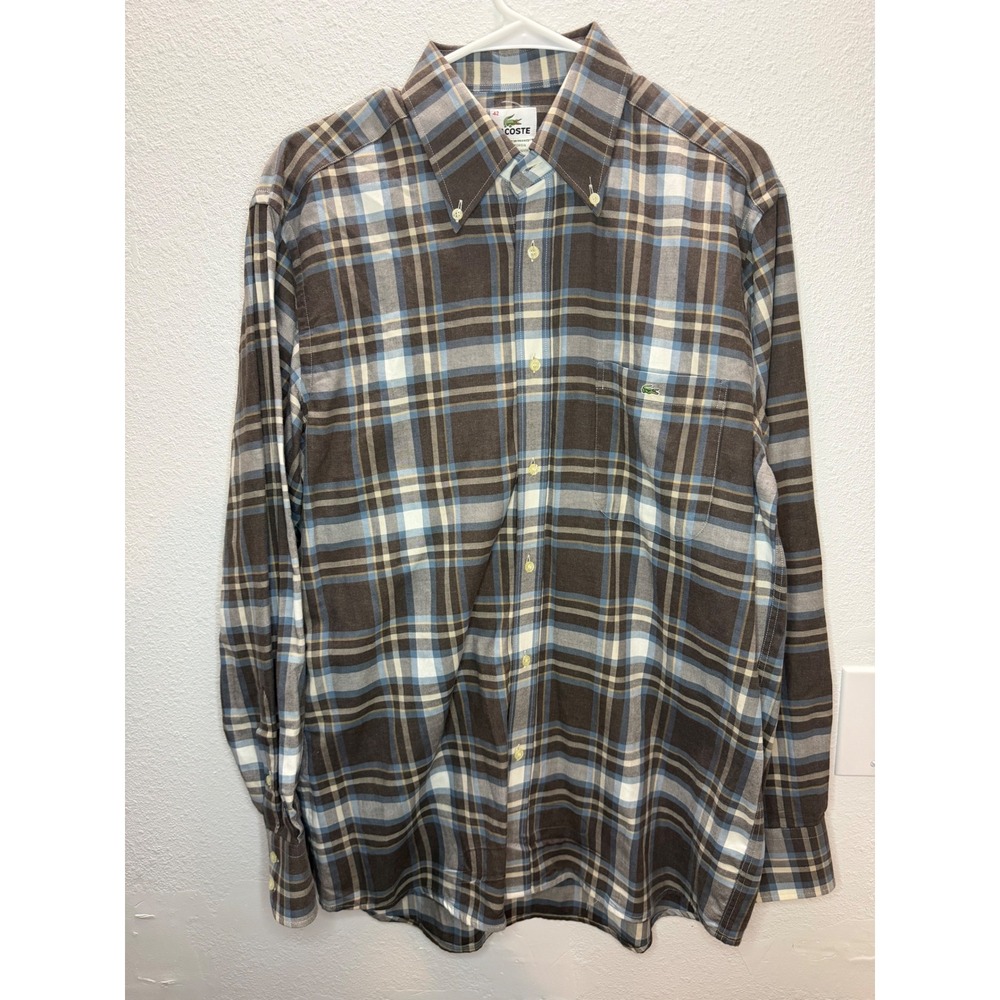 Lacoste Mens Plaid Button Down Shirt Brown Blue Cotton Size 42 F5182